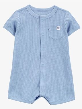 Baby Boy Cozy Waffle Knit Short-Sleeve Snap Romper Blue‎ Size 3 Months 9-12.5lb